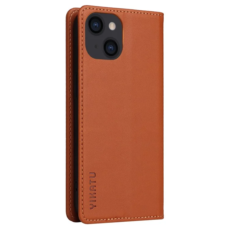 YIKATU YK-001 For iPhone 15 PU Leather Wallet Phone Case Magnetic Auto-absorbed Stand Cover - Brown