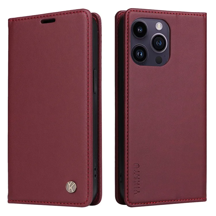 YIKATU YK-001 For iPhone 15 Pro Max Magnetic Closing Phone Cover PU Leather Wallet Stand Case - Wine Red