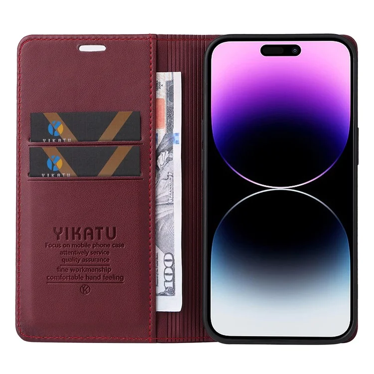 YIKATU YK-001 For iPhone 15 Pro Max Magnetic Closing Phone Cover PU Leather Wallet Stand Case - Wine Red