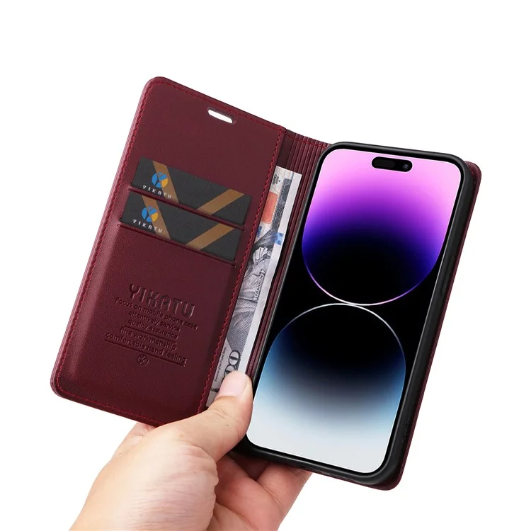 YIKATU YK-001 For iPhone 15 Pro Max Magnetic Closing Phone Cover PU Leather Wallet Stand Case - Wine Red