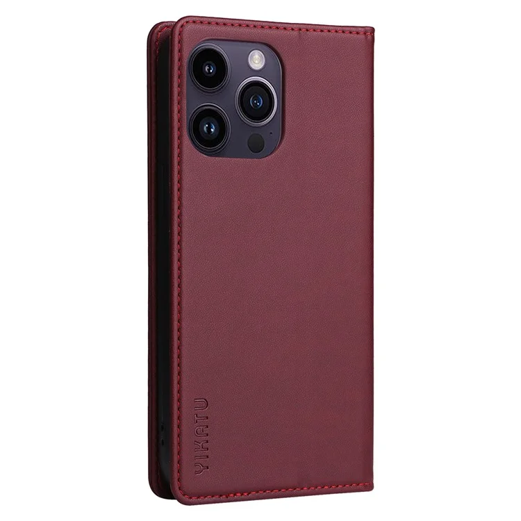 YIKATU YK-001 For iPhone 15 Pro Max Magnetic Closing Phone Cover PU Leather Wallet Stand Case - Wine Red