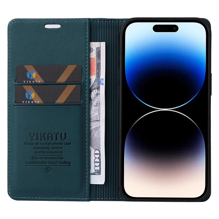 YIKATU YK-001 For iPhone 15 Pro PU Leather Wallet Phone Cover Magnetic Closing Flip Stand Case - Green