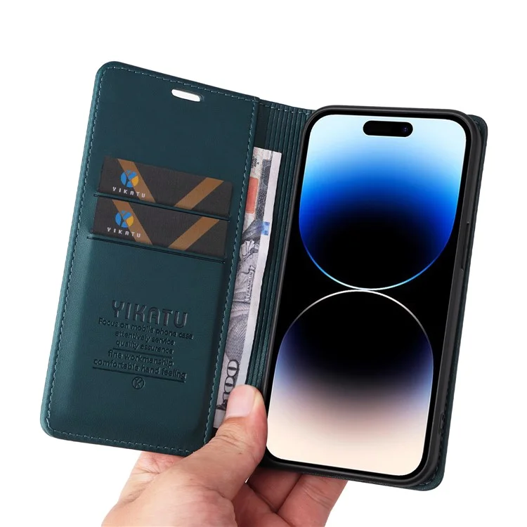 YIKATU YK-001 For iPhone 15 Pro PU Leather Wallet Phone Cover Magnetic Closing Flip Stand Case - Green