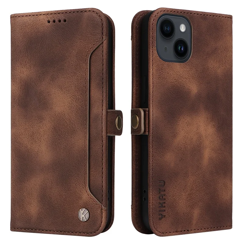 YIKATU YK-002 For iPhone 15 PU Leather Wallet Case Flip Stand Phone Cover with Outer Card Slot - Brown