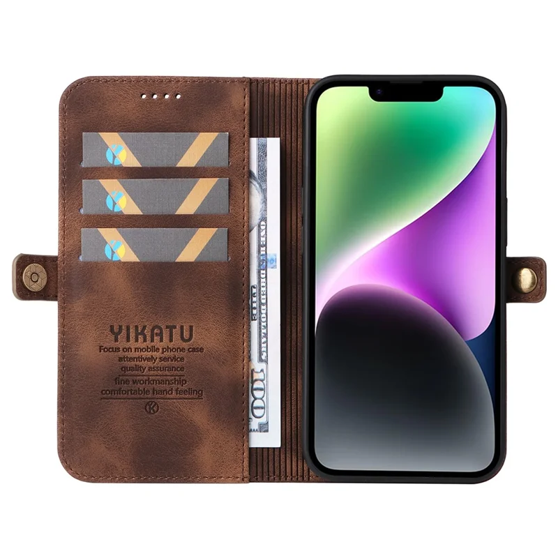 YIKATU YK-002 For iPhone 15 PU Leather Wallet Case Flip Stand Phone Cover with Outer Card Slot - Brown