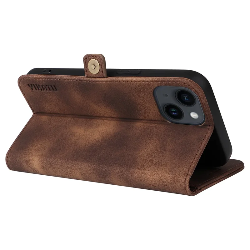 YIKATU YK-002 For iPhone 15 PU Leather Wallet Case Flip Stand Phone Cover with Outer Card Slot - Brown