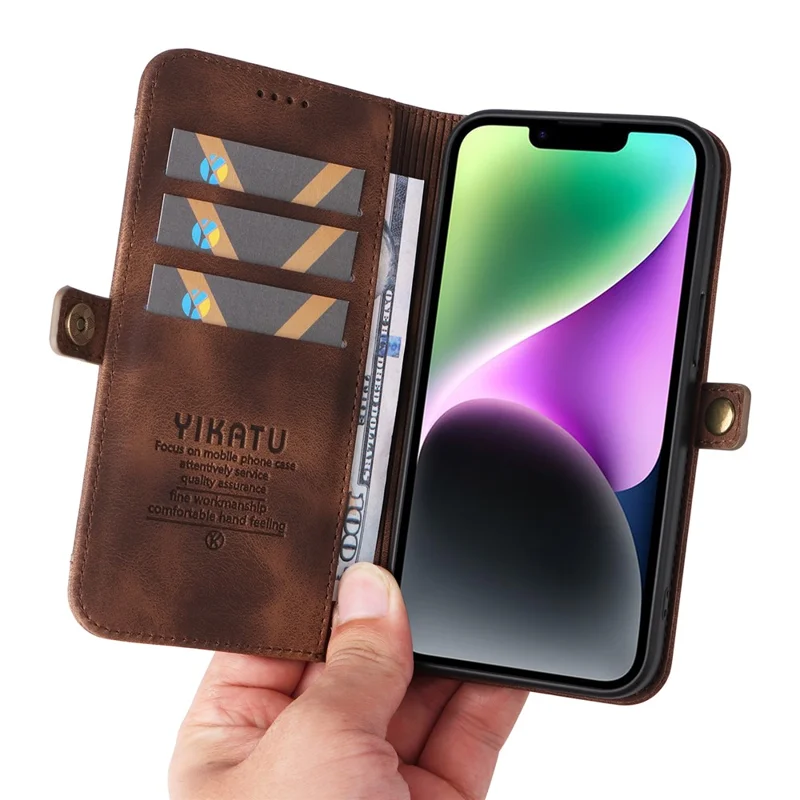 YIKATU YK-002 For iPhone 15 PU Leather Wallet Case Flip Stand Phone Cover with Outer Card Slot - Brown