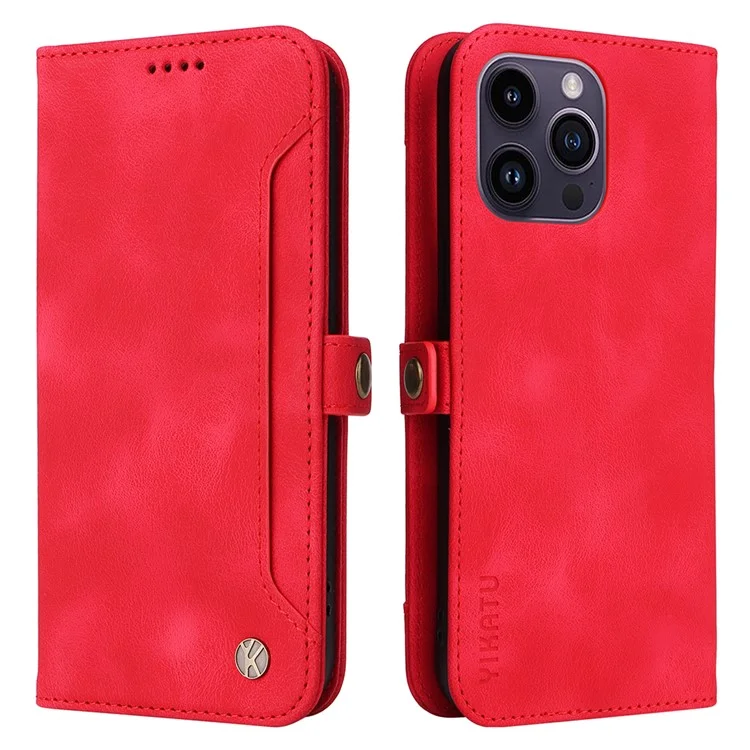 YIKATU YK-002 For iPhone 15 Pro Max PU Leather Wallet Stand Case Anti-drop Phone Cover with Outer Card Slot - Red