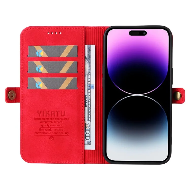 YIKATU YK-002 For iPhone 15 Pro Max PU Leather Wallet Stand Case Anti-drop Phone Cover with Outer Card Slot - Red
