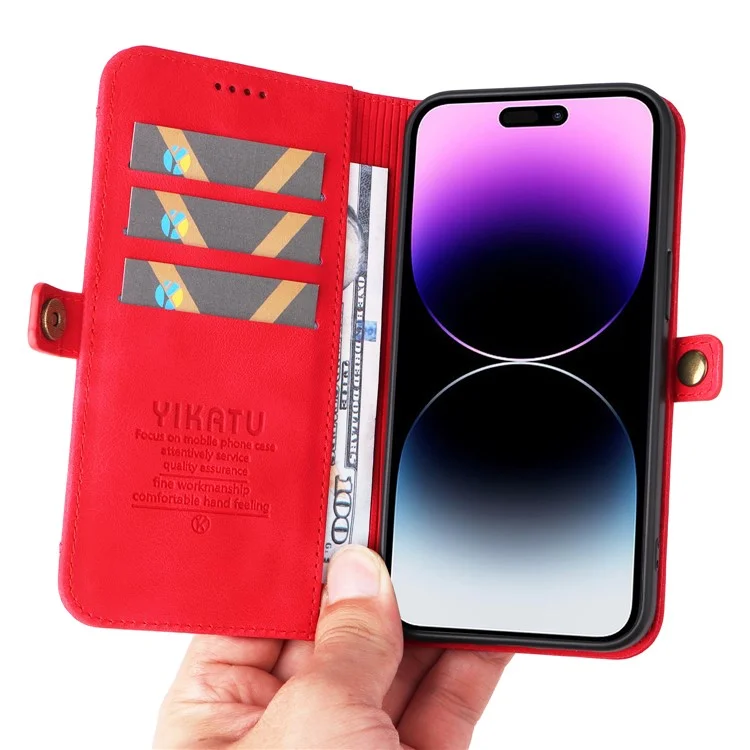 YIKATU YK-002 For iPhone 15 Pro Max PU Leather Wallet Stand Case Anti-drop Phone Cover with Outer Card Slot - Red