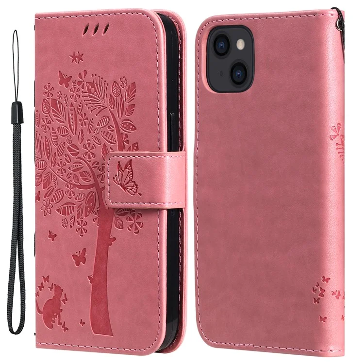 Per iPhone 15 KT Imprinting Flower Series-3 PU Leather Phone Case Imprinted Wallet Flip Stand Cover - Pink