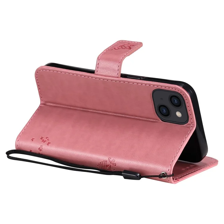Per iPhone 15 KT Imprinting Flower Series-3 PU Leather Phone Case Imprinted Wallet Flip Stand Cover - Pink