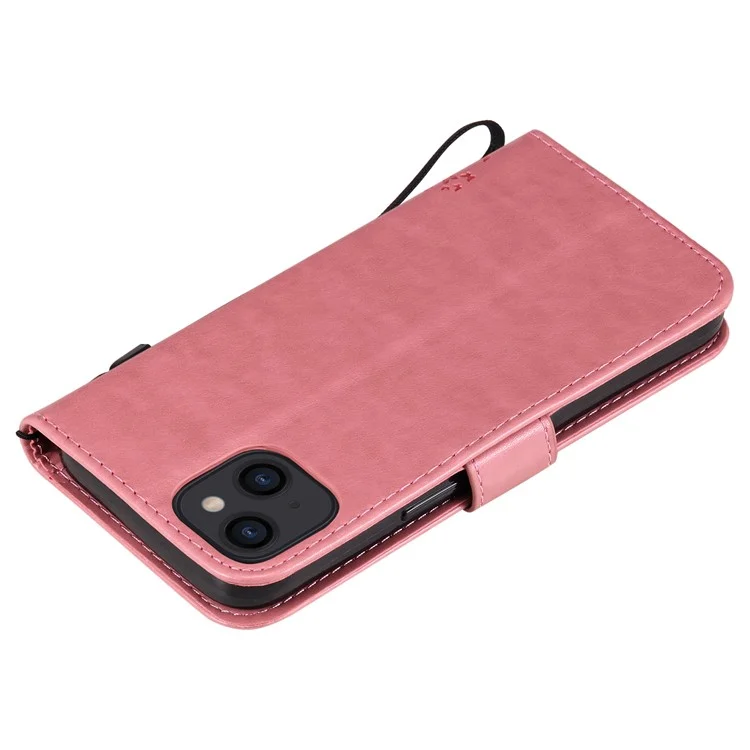 Per iPhone 15 KT Imprinting Flower Series-3 PU Leather Phone Case Imprinted Wallet Flip Stand Cover - Pink