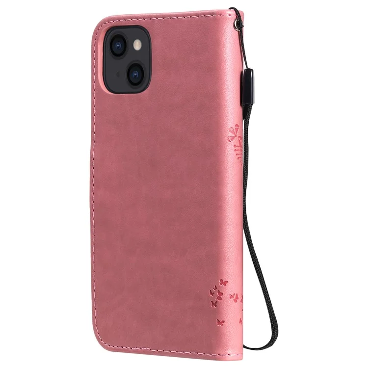 Per iPhone 15 KT Imprinting Flower Series-3 PU Leather Phone Case Imprinted Wallet Flip Stand Cover - Pink