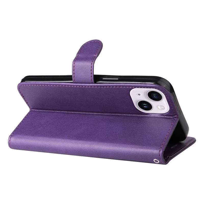 For iPhone 15 Plus Case Solid Color Leather Mobile Cover Wallet Stand with Strap - Purple