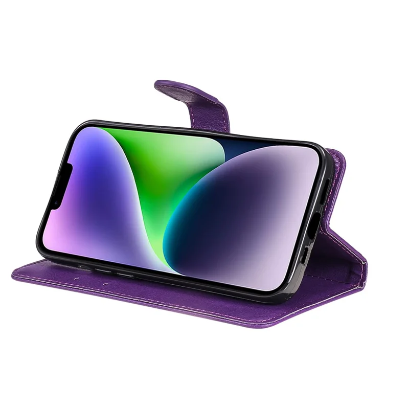 For iPhone 15 Plus Case Solid Color Leather Mobile Cover Wallet Stand with Strap - Purple