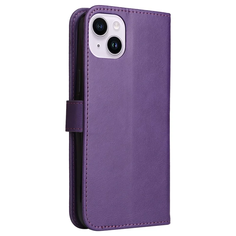 For iPhone 15 Plus Case Solid Color Leather Mobile Cover Wallet Stand with Strap - Purple
