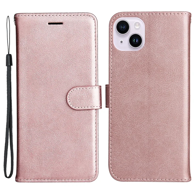 Cover per iPhone 15 Plus, Custodia in Pelle Colore Solido con Portafoglio, Supporto e Cinturino - Oro Rosa