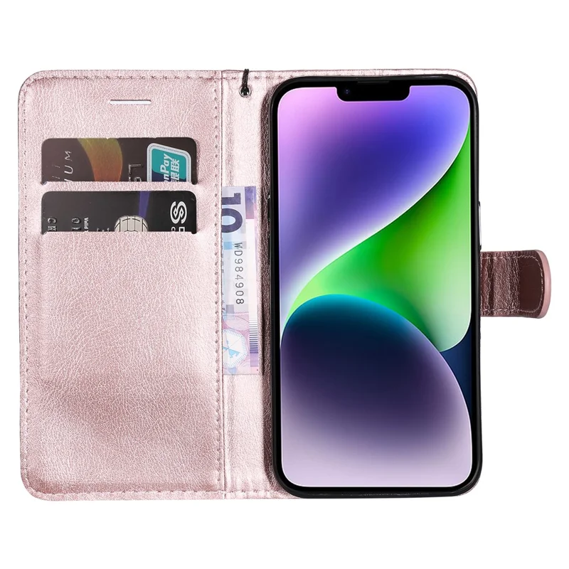 Cover per iPhone 15 Plus, Custodia in Pelle Colore Solido con Portafoglio, Supporto e Cinturino - Oro Rosa