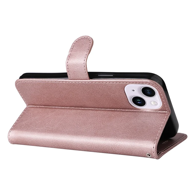 Cover per iPhone 15 Plus, Custodia in Pelle Colore Solido con Portafoglio, Supporto e Cinturino - Oro Rosa