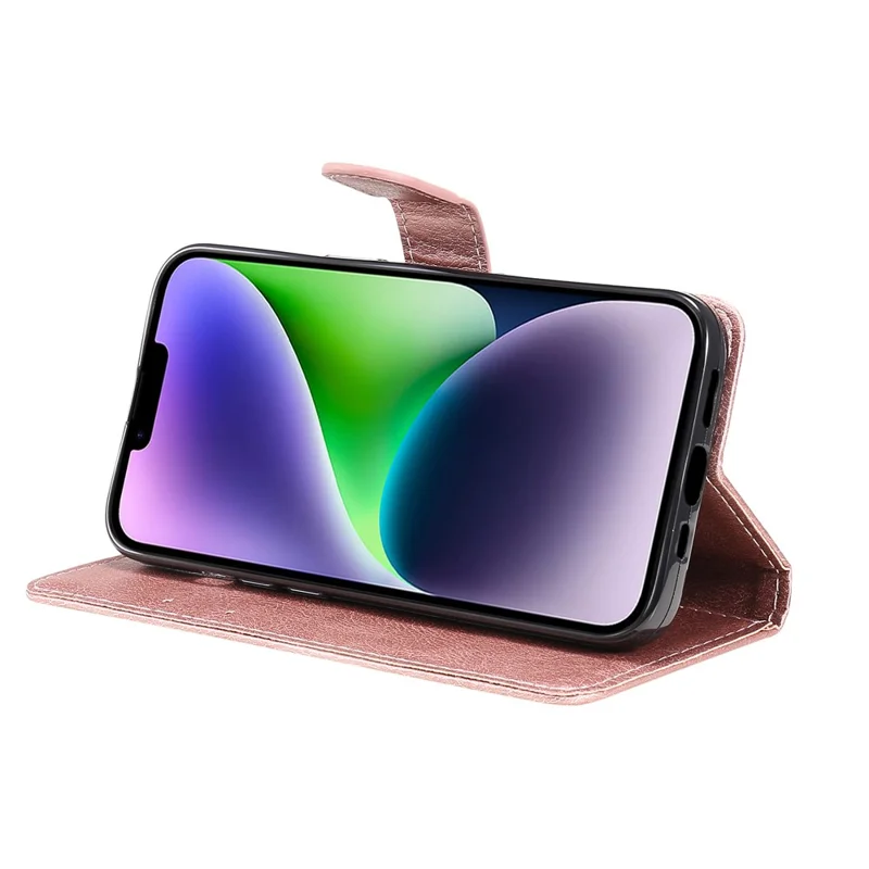 Cover per iPhone 15 Plus, Custodia in Pelle Colore Solido con Portafoglio, Supporto e Cinturino - Oro Rosa