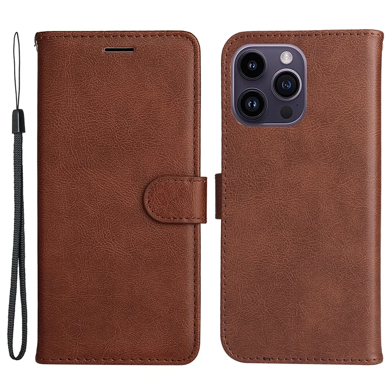 For iPhone 15 Pro Max Case Solid Color Leather Mobile Cover Wallet Stand with Strap - Brown