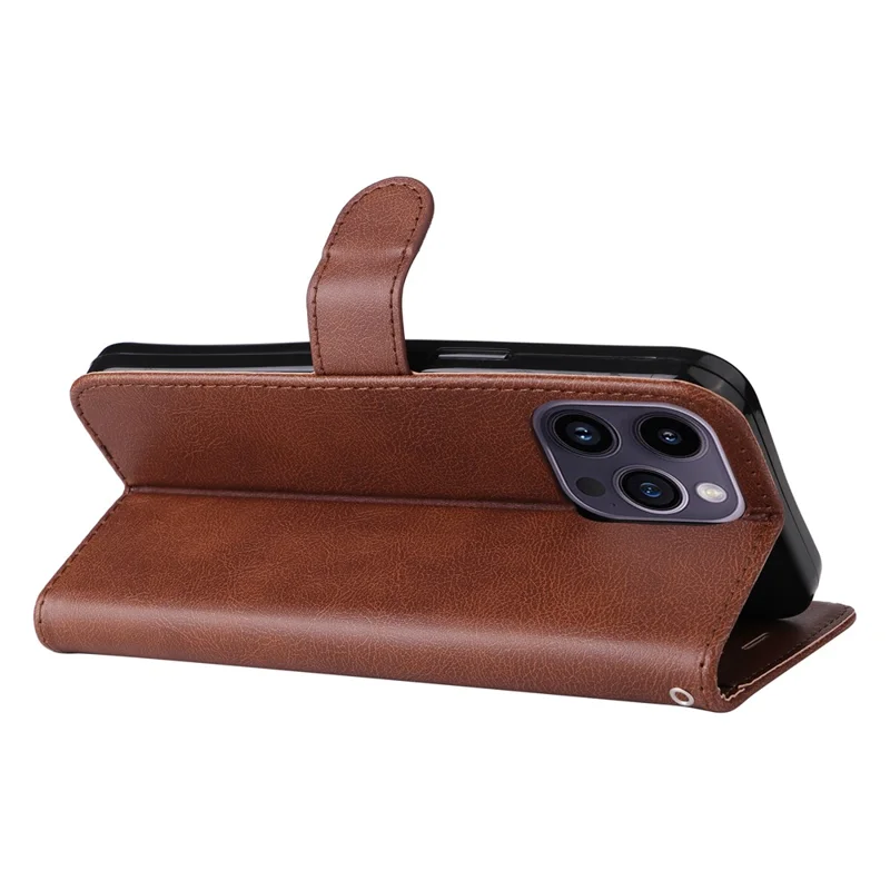 For iPhone 15 Pro Max Case Solid Color Leather Mobile Cover Wallet Stand with Strap - Brown