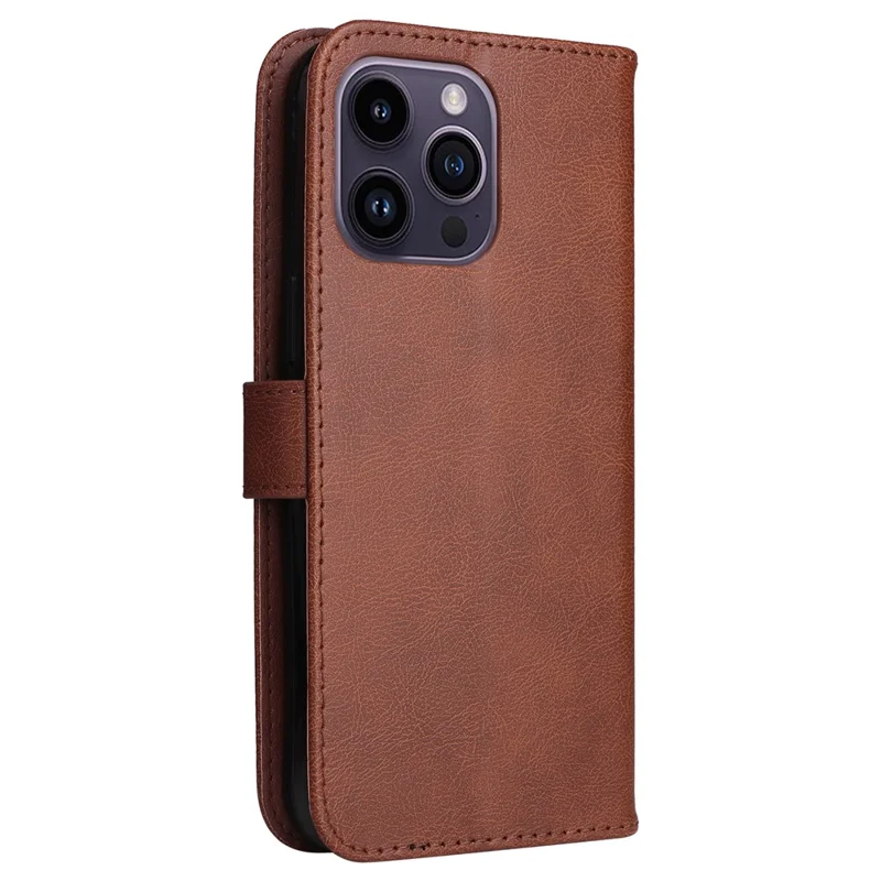 For iPhone 15 Pro Max Case Solid Color Leather Mobile Cover Wallet Stand with Strap - Brown
