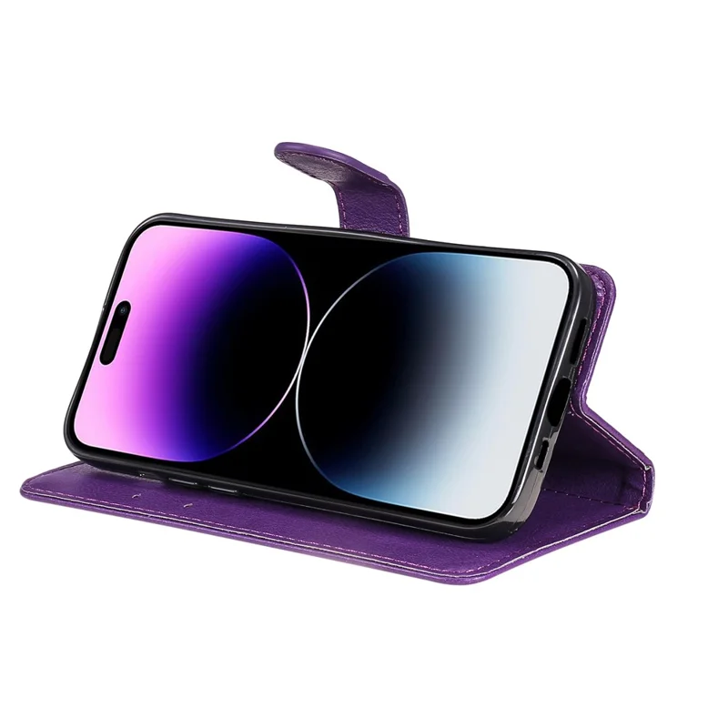 Für iPhone 15 Pro Max Hülle, einfarbige Ledertasche mit Ständer und Riemen - Lila