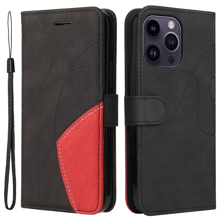 For iPhone 15 Pro Max Leather Case Wallet Stand Color Splicing Phone Cover - Black