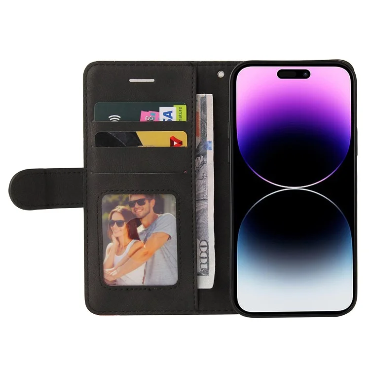 For iPhone 15 Pro Max Leather Case Wallet Stand Color Splicing Phone Cover - Black