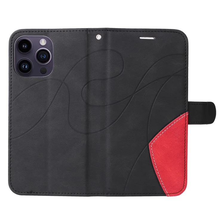 For iPhone 15 Pro Max Leather Case Wallet Stand Color Splicing Phone Cover - Black