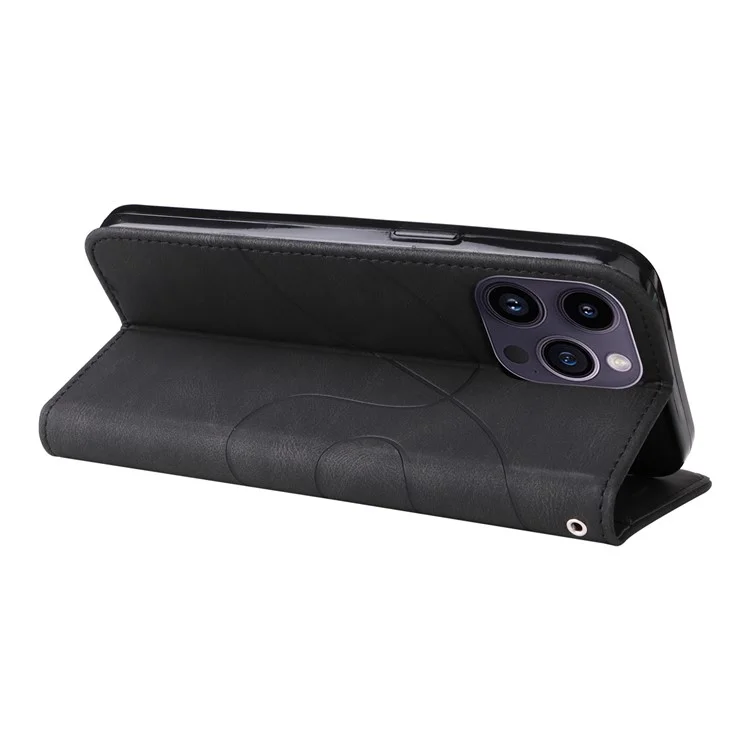For iPhone 15 Pro Max Leather Case Wallet Stand Color Splicing Phone Cover - Black
