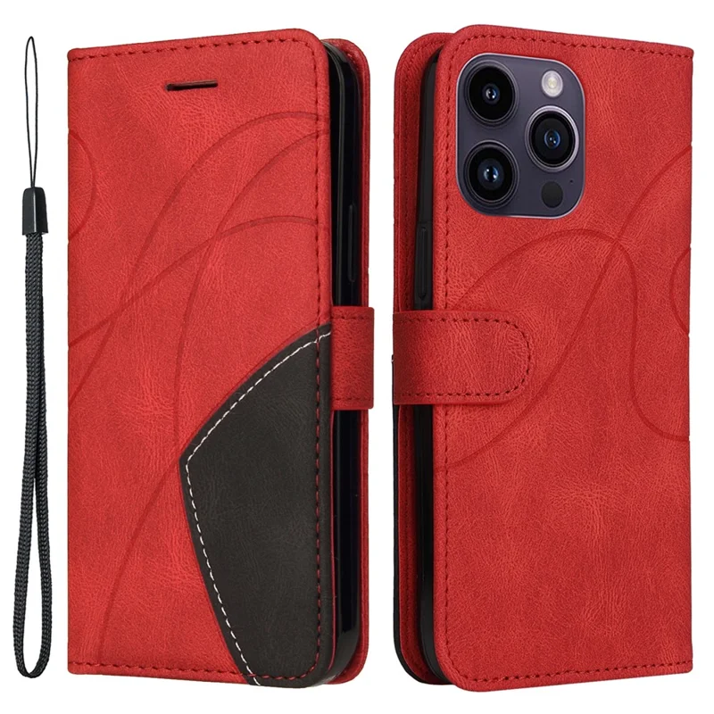 For iPhone 15 Pro Max Leather Case Wallet Stand Color Splicing Phone Cover - Red