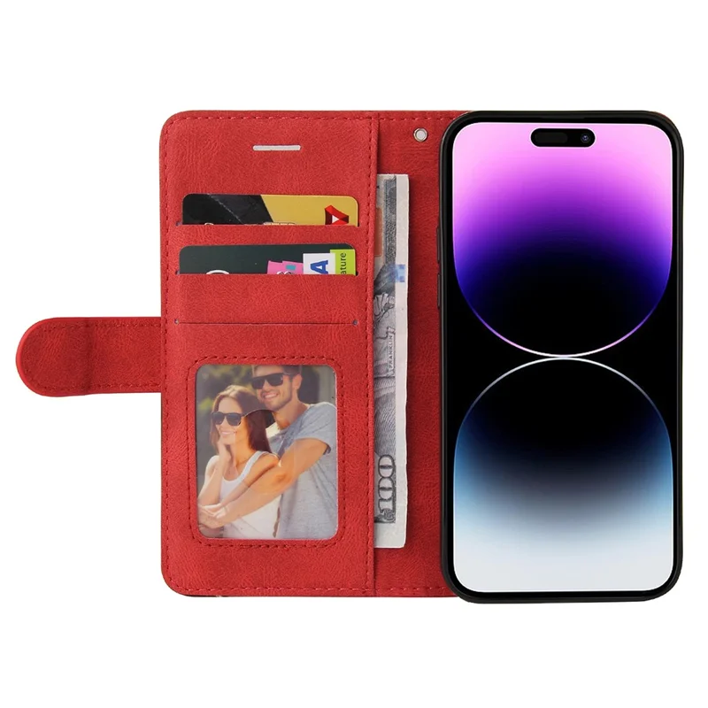 For iPhone 15 Pro Max Leather Case Wallet Stand Color Splicing Phone Cover - Red