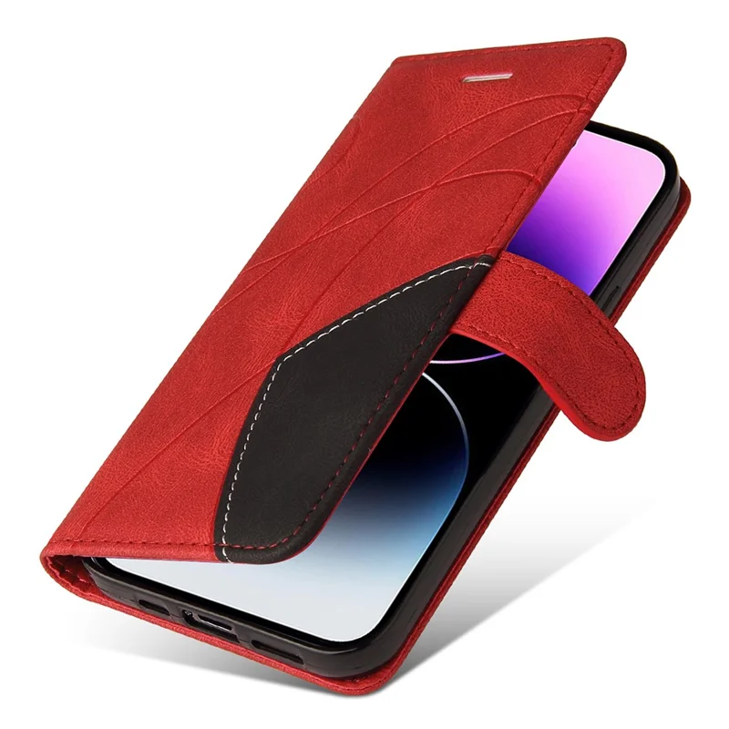 For iPhone 15 Pro Max Leather Case Wallet Stand Color Splicing Phone Cover - Red
