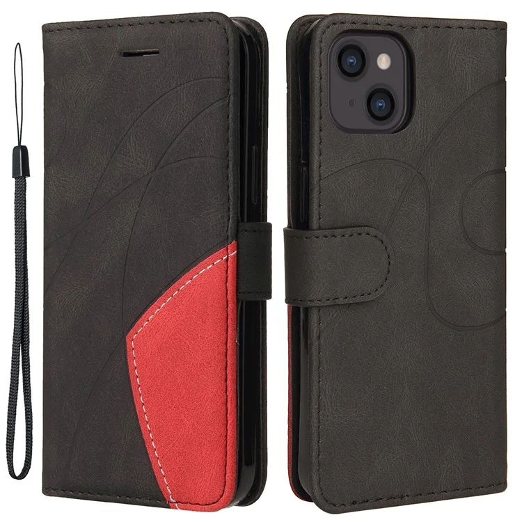 For iPhone 15 Leather Case Wallet Stand Color Splicing Phone Cover - Black