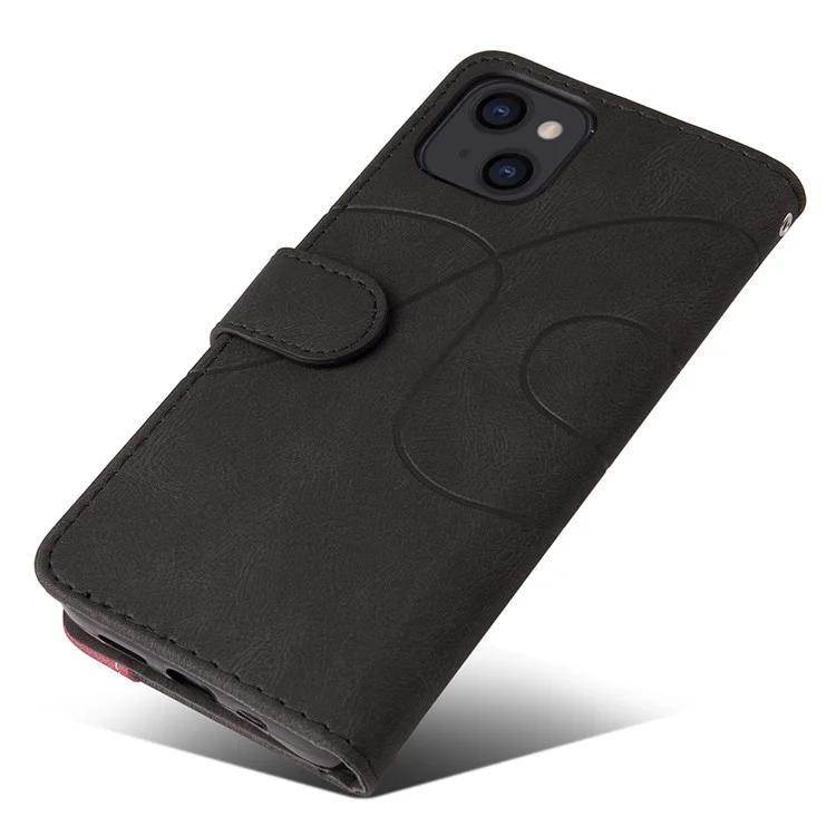 For iPhone 15 Leather Case Wallet Stand Color Splicing Phone Cover - Black