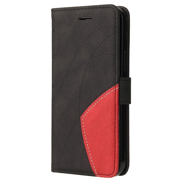 For iPhone 15 Leather Case Wallet Stand Color Splicing Phone Cover - Black