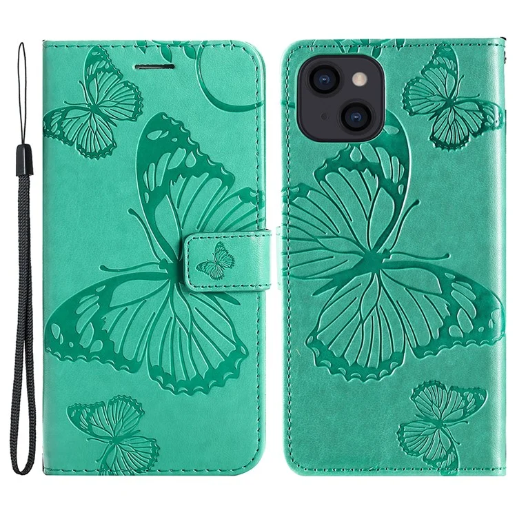 KT Imprinting Flower Series-2 Pour iPhone 15 Butterfly Imprint Leather Phone Case Wallet Stand Cover - Vert