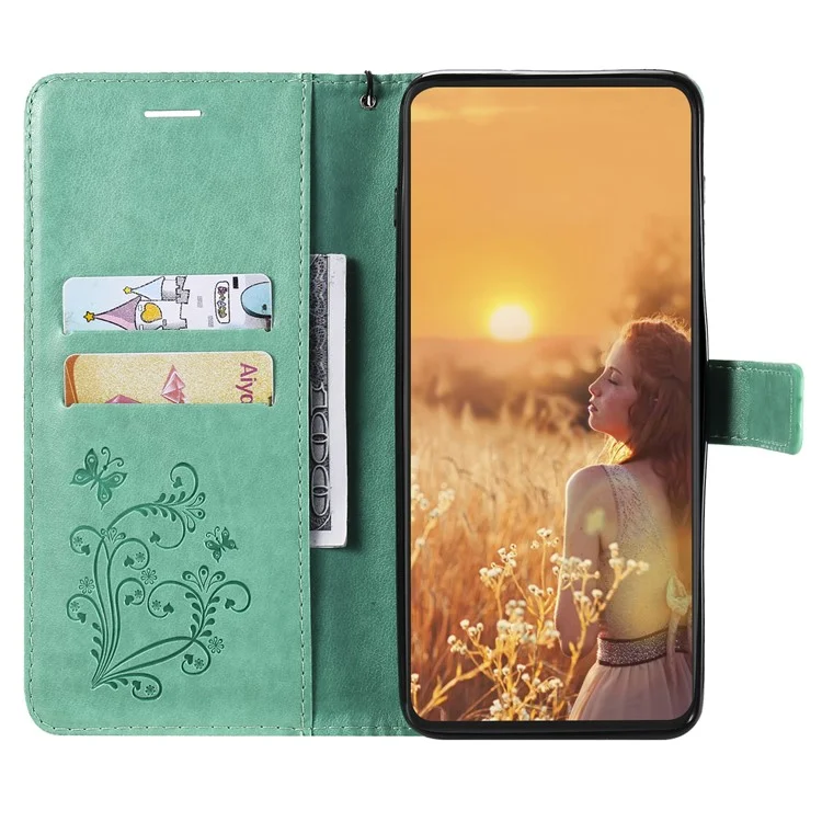 KT Imprinting Flower Series-2 Pour iPhone 15 Butterfly Imprint Leather Phone Case Wallet Stand Cover - Vert