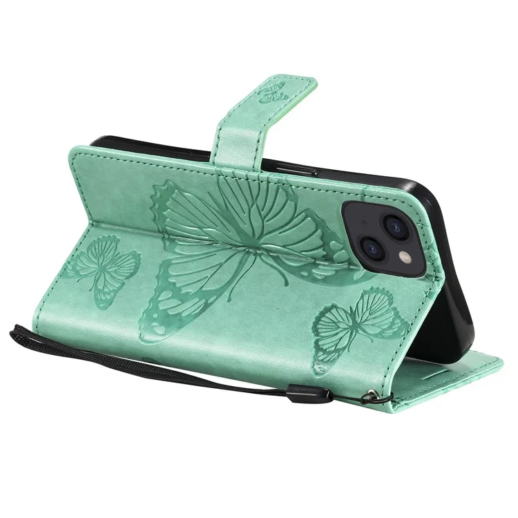 KT Imprinting Flower Series-2 Pour iPhone 15 Butterfly Imprint Leather Phone Case Wallet Stand Cover - Vert