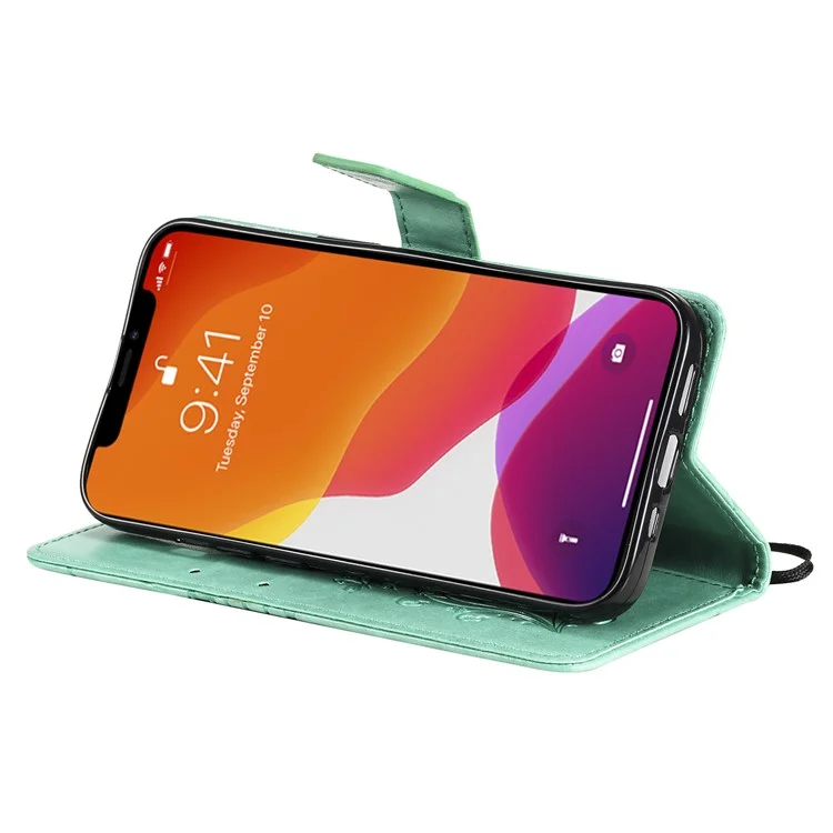 KT Imprinting Flower Series-2 Pour iPhone 15 Butterfly Imprint Leather Phone Case Wallet Stand Cover - Vert