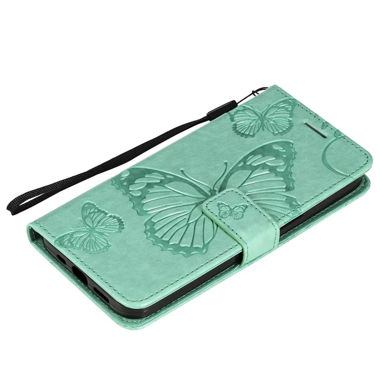 KT Imprinting Flower Series-2 Pour iPhone 15 Butterfly Imprint Leather Phone Case Wallet Stand Cover - Vert