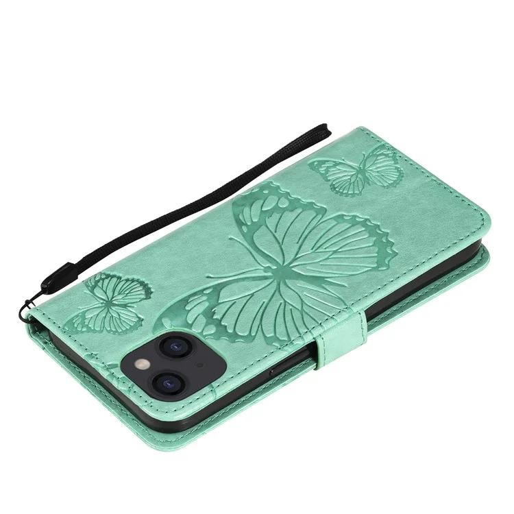 KT Imprinting Flower Series-2 Pour iPhone 15 Butterfly Imprint Leather Phone Case Wallet Stand Cover - Vert