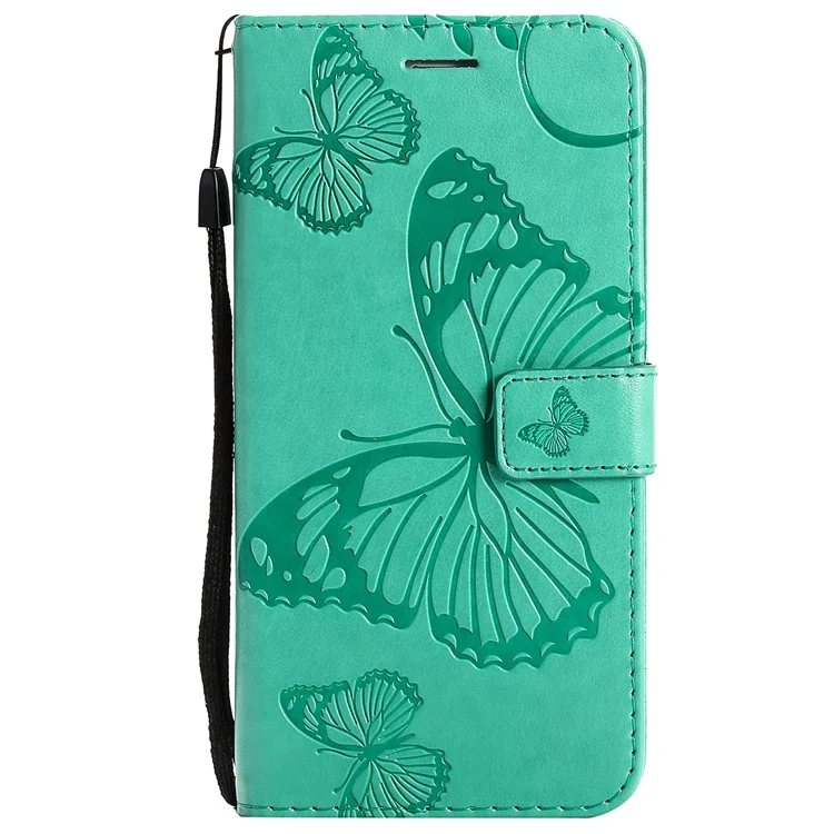 KT Imprinting Flower Series-2 Pour iPhone 15 Butterfly Imprint Leather Phone Case Wallet Stand Cover - Vert