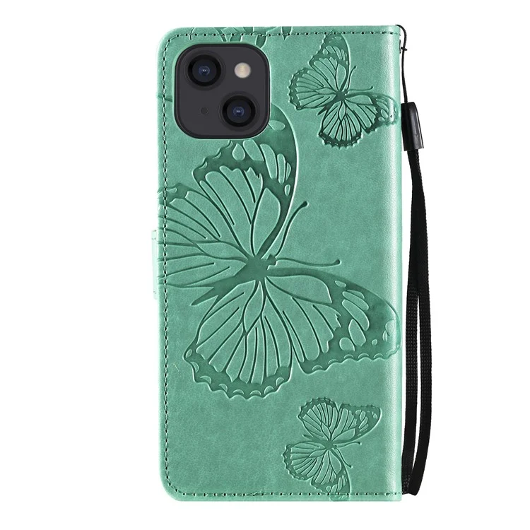 KT Imprinting Flower Series-2 Pour iPhone 15 Butterfly Imprint Leather Phone Case Wallet Stand Cover - Vert