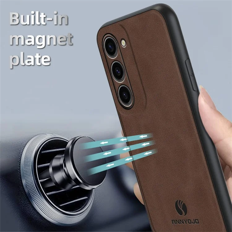 ANNYOJO для Samsung Galaxy S23+ PU Leather Coated PC+TPU Cover Magnetic Car Mount Phone Case - Coffee
