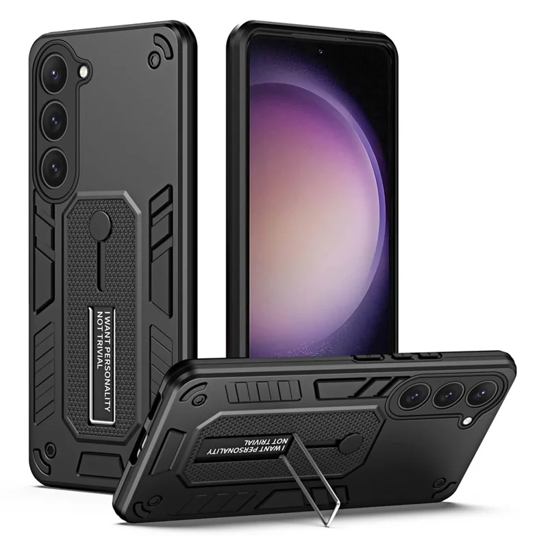 For Samsung Galaxy S23 TPU+PC Anti-drop Cover Hidden Kickstand Phone Case with Silicone Ring Strap - Black