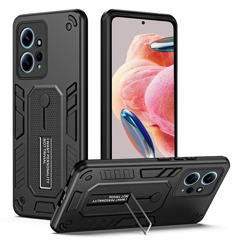 For Xiaomi Redmi Note 12 4G TPU+PC Phone Cover Hidden Kickstand Case with Soft Ring Strap - Black